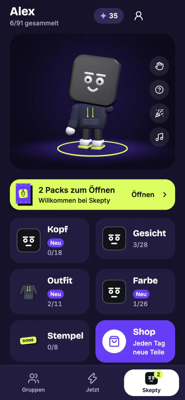 Die Garderobe: der eigene Skepty als 3D-Figur, darunter Packs und Schubladen für Kopf, Gesicht, Outfit, Farbe und Stempel.